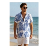 Lovii Men Fern Print Short Sleeve Summer Beach Shirt Blue