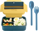 Lunch Box, Bento Box for Kids Adults, Food Container with 3 Cutlery Set Compartments Lunchbox, BPA Free (Blue-Yellow)