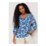 M&Co Petite Blue Leaf Print Tie Neck Linen Blouse