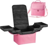 Makeup Box Large Beauty Manicure Storage Box Travel Vanity Case Train Cosmetic Box with Nylon Fabric Shoulder Strap Black 29x21x27cm (Pink)