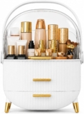 Makeup Organiser Storage Box With Drawers – Dustproof Cosmetic Organiser Case – Skincare & Beauty Storage Holder – Transparent Cover – Vanity Countertop Makeup Storage – White & Gold Design