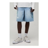 Man Baggy Paint Splatter Chain Print Washed Denim Shorts