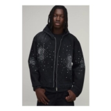 Man Boxy Rhinestone Washed Black Denim Hoodie