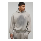 Man Oversized Boxy Spray Wash Cross Applique Hoodie