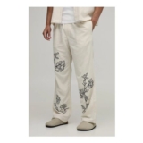 Man Relaxed Fit Linen Blend Floral Embroidery Co-Ord Trousers