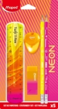 Maped Neon Stationery Set – Trendy Back to School Kit – Twist & Flex Ruler 15cm, 2 Graphite Pencils, Igloo Pencil Sharpener, Bi-Colour Eraser with Sleeve – Bright & Bold Colours