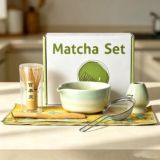 Matcha Whisk Set, 7Pcs Complete Kit: Ceramic Bowl, Handmade Bamboo Whisk & Holder, Scoop, Rest, Sifter, Tea Towel for Traditional Matcha Preparation