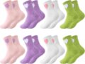 Meng Jiaran 8 Pairs Girls Crew Socks, Cute Heart Cotton Athletic Socks, Breathable Sports School Socks for Kids Girls, UK 1-3