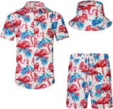 Mens Hawaiian Shirt and Shorts Set 2 Piece Casual Button Down Shirts Summer Beach Outfits with Bucket Hats