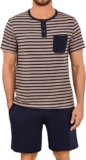 Mens Summer Pyjama Set Short Sleeve Henley Sleepwear Stripe Pajama Tops and Sleep Shorts With Pockets