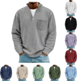 Mens Sweatshirts No Hood Corduroy Pullover Top Quarter Zip Jumper Coat Stand Collar Pullovers Ribbed Cuffs Sweatshirt Tops Oversized Soft Chest Patch Pocket Jumpers For Autumn Daily Casual