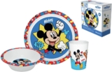 Mickey Microwave Safe 3pcs Cartoon Character Dinner Tableware Set Plate, Bowl & Cup, BPA Free re-usable Plastic Set with a Gift Box (Mickey)