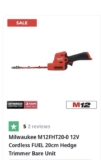 Milwaukee M12FHT20-0 12V Cordless FUEL 20cm Hedge Trimmer Bare Unit with free Battery
