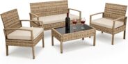 Minifactory 4-Piece Weatherproof Polyrattan Garden Furniture Set, Compact Outdoor Patio Seating Group with 2 Armchairs, Bench, Table & 3 Cushions, Rattan Sofa Set for Garden, Balcony (Gradual Yellow)