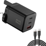 Minthouz 3-Port GaN USB Plug UK with 1.2m Charging Cable PD 67W 2USB-C&1USB-A Portable Charger for Laptop/Phone Charge,Fast Charger Compatible with Macbook/Samsung Galaxy Series