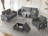 Mjkone 4 Pieces L Shaped Sectional Sofa Couches Set for Living Room Furniture Sets, 3-Seater Sofas Couch and Loveseat Set with Armchair and Storage Ottoman for Home Office Apartment, Dark Grey