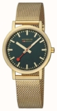 Mondaine Classic 36mm Watch Green Dial IP Gold Mesh Bracelet