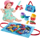 Montessori Toys for 1 Year Old Boys Girls, 10 in 1 Fabric Fishing Game with Stacking Cups, Number Counting Color Sorting Shape Learning Sensory Baby Toys Gift for 1 2 3 Year Old Kids