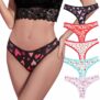 Morvia 5pcs Women Sexy Coquette Contrast Lace Trims Heart Floral Print Thongs Cute Valentines Day Comfy Intimates Panties