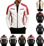 Motorcycle Jacket For Men Leather Slim Fit Stand Collar Zip Up Biker Coat Red White Contrast Racing Jacket With Zipper Pockets Casual Outerwear Daily Streetwear Driving Fashion Top For Spring Fall