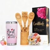 Mum Birthday Gifts from Daughter Son Valentines Day Mothers Day Gift Set Wooden Spoons Kitchen Cooking Gift Baskets Insulated Tumbler 20oz Key Chain