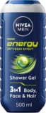 NIVEA MEN Energy Shower Gel (500 ml), Moisturising 3-in-1 Body Wash for Men with Mint Extract, Invigorating and Energising NIVEA MEN Shower Gel