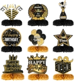 NQEUEPN 9pcs Black and Gold Birthday Centerpieces for Table – Happy Birthday Table Decorations Honeycomb Centerpieces for Party Supplies