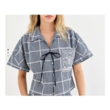 Navy Blue & White Gingham Embroidered Short Sleeve Shirt