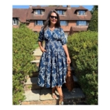 Navy Flower Print Waisted Midi Dress