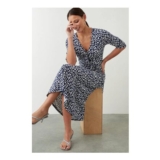 Navy Spot Print Wrap Jersey Midi Dress