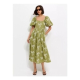 New Look Embroidered Palm Tree Puff Sleeve Midi Dress
