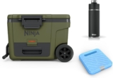 Ninja FrostVault Heavy-Duty Insulated Cool Box with Ninja Thirsti Bottle 530ml & Large Ice Pack, Wheeled Premium Cooler with Dry Zone Integrated Fridge-Temp Dry Storage Drawer, Olive, FB245AMZEUUKGN