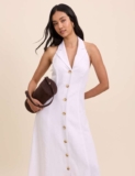 Nobodys Child White Linen-Blend / Brown Halterneck Midi Dress – Size 4-18