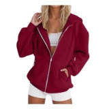 Nuoke Womens Oversized Zip Hoodie, Long Sleeve, Wine