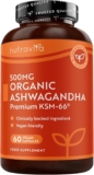 Nutravita Certified Organic Ashwagandha KSM 66 Root Extract – 60 Organic Ashwagandha High Strength Vegan Capsules – 500mg Ashwagandha KSM 66 Powder per Capsule – Herbal Supplements – Made in the UK