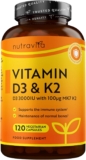 Nutravita Vitamin D3 3000iu & K2 100ug (MK7) 120 Vitamin D3 K2 Vegetarian Capsules Supports Normal Bones, Muscles, Teeth and Immune System Cholecalciferol & Menaquinone-7