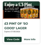 ONeills bars, pint Meantime So Good lager with app/website, newexisting users
