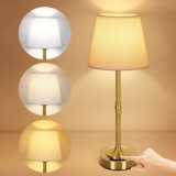OUTON 16.7 Cordless Rechargeable Table Lamp Battery Display, Touch Dimmable LED Light, 3 Color Temperatures, USB-C Charging, Fabric Shade, Memory Function for Bedroom, Living Room, Patio (Gold)