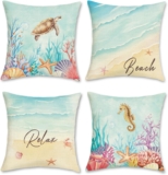Ocean Beach Cushion Covers Coastal Sea Turtle Seahorse Coral Summer Polyester Decorative Pillowcases for Sofa Bed Home Patio 45 x 45 cm Set of 4