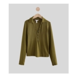 Olive Ribbed Button down Collar Polo Top