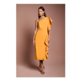 One Shoulder Ruffle Crepe Pencil Midi Dress