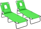Outsunny Folding Sun Loungers Set of 2 with Face Hole, 4-Position Adjustable Backrest Garden Recliner Chairs Sunbeds, Outdoor Lounge Chairs with 600 D Oxford Cloth Seat, Pillow for Beach, Green