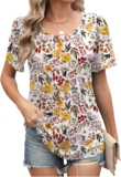 PICKLION Womens T Shirts Floral Tops Summer Ladies Tshirts Short Sleeve Pleated Casual Tunic Blouse Shirts