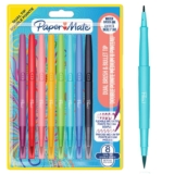 Paper Mate Flair DUAL Felt Tip Pens Brush and Medium Tips (0.7mm) Double Ended Colouring Pens Assorted Colours 8 Count – with Prime