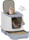 PawHut Cat Litter Tray with Lid, Cat Litter Box with Deodorisation Bags, Scoop, Top Entry, Litter Tray with Drawer Pan, Grey
