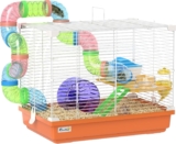 Pawhut 2 Tier Hamster Cage, Gerbil Cage with Handle, Exercise Wheels, Tunnel, Water Bottle, Dishes, Ladder, for Dwarf Hamster, Orange