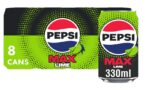 Pepsi Max Lime No Sugar Soft Drinks, 8 x 330ml – w/Voucher