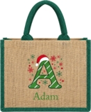Personalised Christmas Gift Bag with Name Custom Christmas Tote Bag in Red Green with Festive Design Personalised Present Bag Cotton Linen Christmas Party Gift Bag (Initials-Green)