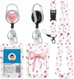 Pink Bow Floral Lanyard with Retractable Badge Reel, Detachable Neck Strap ID Card Holder for Keys USB Lightweight Multifunctional Organiser for Students Teachers Nurses Office Workers (Pink Bow)