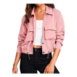 Pink Cropped Womens Jacket, Button-Down, Lightweight, Flap Pocket, Size L